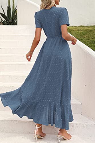 Image of PRETTYGARDEN Women's Summer Wrap Maxi Dress Casual Boho Floral V Neck Short Sleeve Ruffle Hem Split Beach Long Dresses
