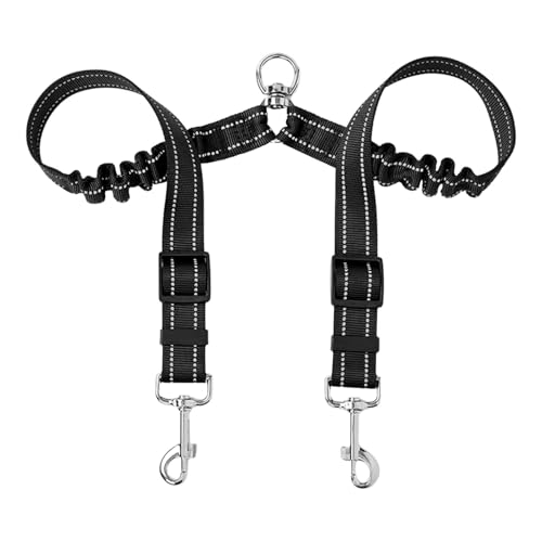Dual Dog Leash 360 Swivel Rotation Bungee Stretch Reflective for Medium Large