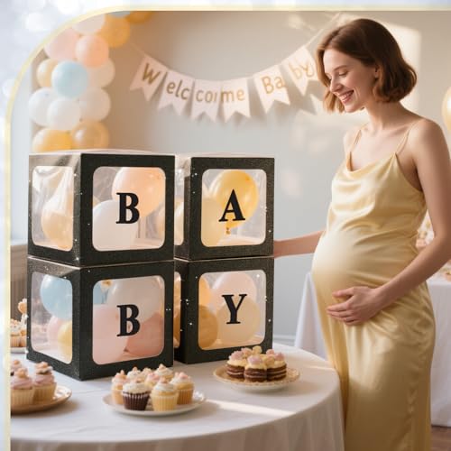 Image of Ledido Baby Boxes with Letters for Baby Shower Decorations, 4 pcs Clear Balloon Boxes with Letters for Boys Girls Gender Reveal Decorations Birthday Wedding Backdrop Party (Black Glitter)