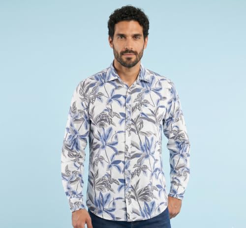 Image of UNM Men's Casual Shirt, Tropical Leaf Print on White