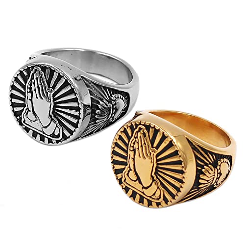 Praying Hands Bless Signet Ring Stainless Steel Gold Religious Virgin Mary Ring Engagement Promise Heart Wedding Ring3