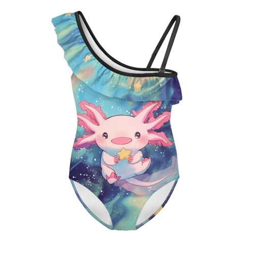 Image of WELLFLYHOM Axolotl Girls One Piece Swimsuits 3-14 Ruffle One Shoulder Bathing Suits Full Coverage Beachwear