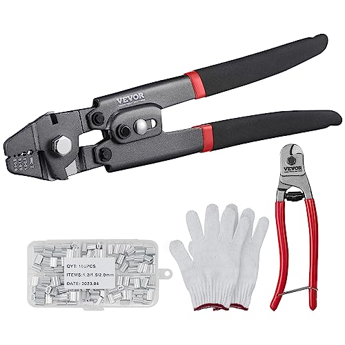 VEVOR Pince à Sertir 0,1-2,2 mm Outil de Sertissage Cosse Câble Métallique 4 Tailles de Mâchoires avec Coupe-câble 160 Manchons Aluminium Revêtement...