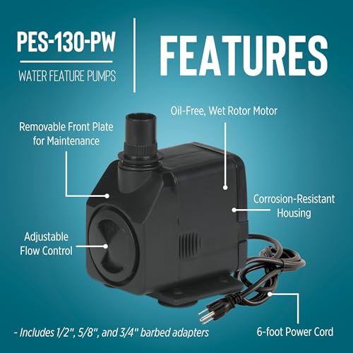 Image of Little Giant PES-130-PW 115-Volt, 130 GPH Magnetic Drive Fountain /Pond Pump with 6-Ft. Cord, Black, 566716