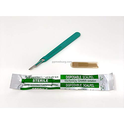 Disposable Scalpels Sterile Surgical Blade Size 15 Stainless Steel with Plastic Handle & Metric Line Individually Foil Wrapped by P&P MEDICAL SURGICAL Box of 10