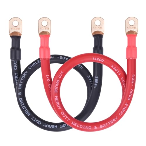 Image of iGreely 1 /0 Gauge Battery Cable with 5 /16 inch Terminals, 2FT Pure Copper Welding Battery Wires for Solar Automotive RV Marine Boat Motorcycle (Red + Black Pair)