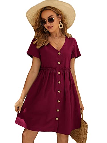 Makemechic Women's Maternity Summer Dress Short Sleeve V Neck Button Front Pregnancy Tunic Dress Burgundy L #TOP17