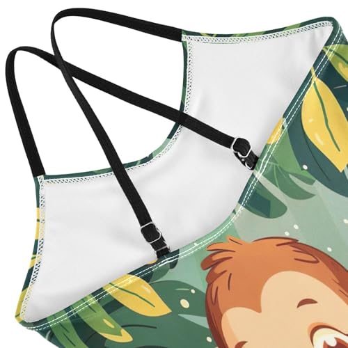 Cute Cartoon Monkey Green Leaves One Piece Girls Swimsuit, Beach Apparel 3-10 Y with Adjustable Shoulder Strap, 3-10 Y4