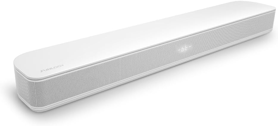 Sound Bar for Smart TV, 100W 2.1ch Bluetooth 5.0 Soundbar with HDMI ARC, Optical & AUX, Remote Control, for Projector and Gaming, White