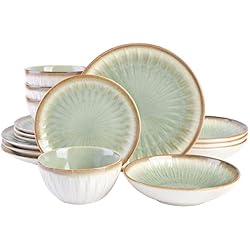 Gibson Elite Mayfair Bay 16-Piece Embossed Double Bowl Dinnerware Set, Service for 4 – Green Stoneware Plates and Bowls