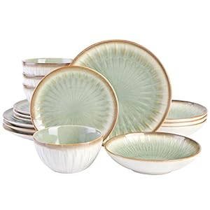 Gibson Elite Mayfair Bay Embossed Double Bowl Dinnerware Set, Service for 4 (16pcs), Green