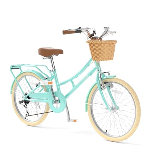 Image of XJD 20 24 26 Inch Girls Bike, 7-Speed Beach Cruiser Bike for Girls Youth and Over 6 Years Old, Kids Bicycles with Dual V-Brakes Rear Rack & Wicker Basket