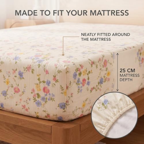 Image of VAS COLLECTIONS 240 TC Premium Fitted Bedsheet, Floral Printed King Size Elastic Deep Pocket Mattress Cover, Soft Breathable Bed Sheet for Bedroom, 72 x 78 + 10 Inches (183 x 198 + 25 cm) - Coral Rose