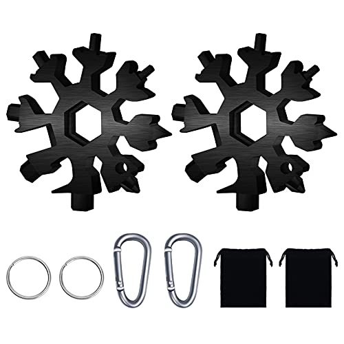 FZENeast 18-in-1 Snowflake Multitool, 2 Pcs Stainless Steel Standard Multi-Tool With Key Ring, Carabiner Clip and Storage Bag (Black)