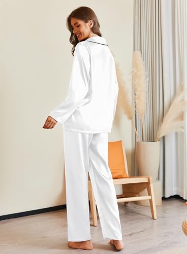 Image of Ekouaer Pajamas For Women Set Silk Pjs 2 Piece Satin Sleepwear Long Sleeve Button Down Lounge Sets With Pant