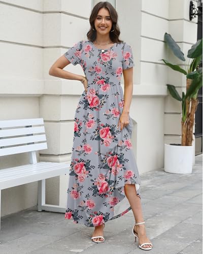 Image of COSSEN Women's Crew Neck Short Sleeve Maxi Dress with Pockets Casual Loose Swing for Wedding Guest Beach Vacation