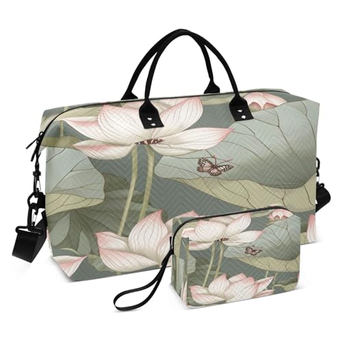Lotus Flower with Butterflies Travel Duffel Bags with Toiletry Bag for Travel Gym Yoga Weekender Bag