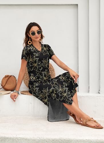 Image of MISFAY Womens Maxi Dress Short Sleeve V Neck Loose with Pockets | Soft stretchy breathable, v neck loose fit, side split hem, two side pockets, casual daily beach vacation travel dress