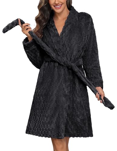 Ekouaer Women's Robes Short Plush Bathrobe Knee Length Warm Soft Jacquard Robe Winter House Coat with Pockets S-XXL