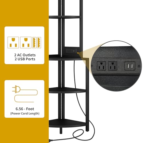 DWVO Corner Shelf with LED Lights & Bookshelf Glass Holder, 4 Tier Corner Wine Bar Rack, Large Wooden Corner's Bookshelf with Display Shelves for Living Room, Dining Room, Kitchen, Black