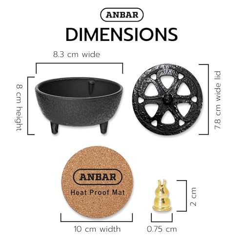 Anbar Lotus Flower Incense Burner, Cast Iron Bowl and Lid for Sticks, Cones, Wax Melts, Charcoal and Resin, Traditional Oriental Zen Home Decor, Supports Aromatherapy and Mindfulness