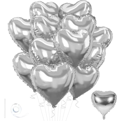Image of Silver Heart Balloons,18inch Bright Silver Heart Shaped Foil Balloons 12Pcs Helium Mylar Balloon for Anniversary Wedding Engagement Birthday Party Baby Shower Decorations