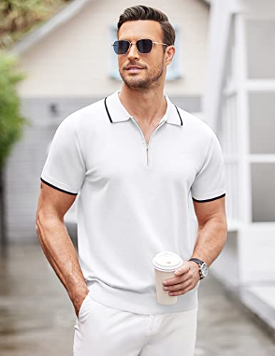 Coofandy Mens Knit Polo Collar Zipper Striped Classic Fit Work Polo Golf T Shirt, White, X-Large, Short Sleeve #TOP27
