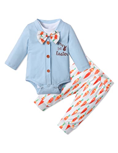 Image of Baby Boy Easter Outfit, Letter Printed Long Sleeve Romper + Short Sleeve Romper + Carrot Pants 3Pcs Set
