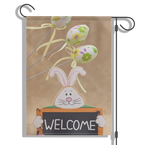 Wittyl Easter Welcome Garden Flag White/Black, Burlap Double Sided Easter Bunny Welcome and Eggs, Yard Outdoor Double Flag 12 x 18 Inch