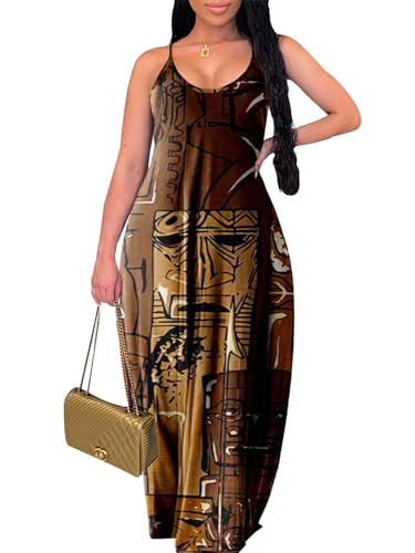Image of Summer Dresses for Women Spaghetti Strap Beach Floor Length Maxi Sundresses | Floral Print,Casual,with Pockets