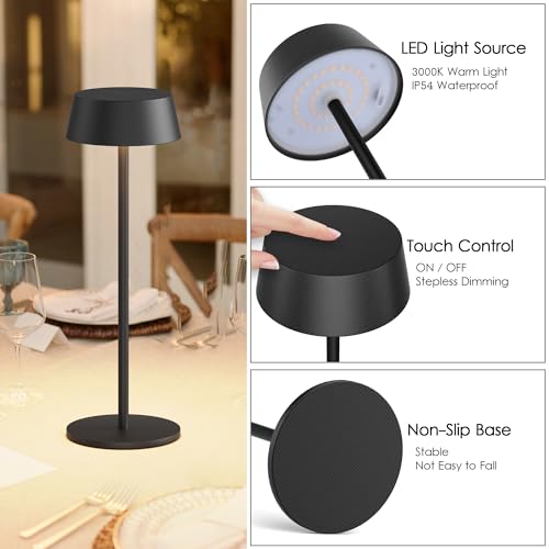 Aipsun Table Lamps Set Of 2, Black Battery Operated Table Lamp Cordless Outdoor Touch Led Table Lamp For Restaurant/Living Room/Bedroom 3000K Warm Light Ip54 Waterproof thumb #3