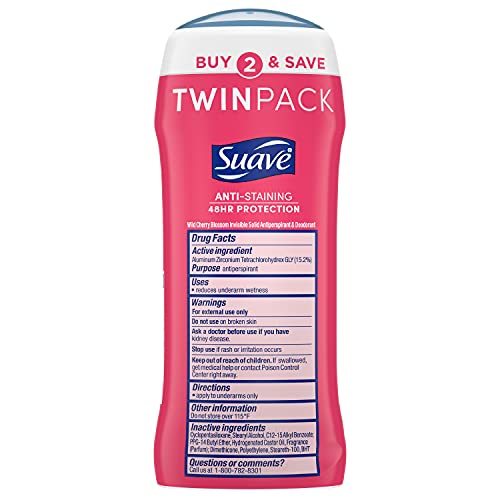 Suave Deodorant Antiperspirant & Deodorant Stick 24-hour Odor and Wetness Protection Wild Cherry Blossom Deodorant for Women 2.6 oz 2 Count