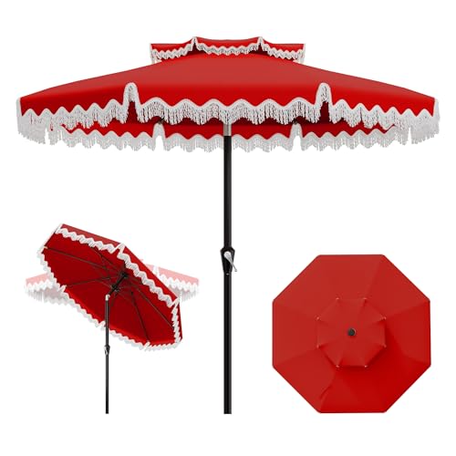 AreShark 9FT Patio Umbrella with Fringe Wind-Resistant Fiberglass 8 Ribs Tassel Outdoor Umbrella with Crank and Push Button Tilt Double Tier Vent Sun Shade for Pool Deck Backyard Red