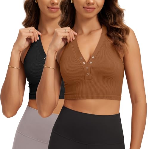 ODODOS 2-Pack Seamless Henley Crop for Women Open Back Ribbed Tank Button-up Cropped Top