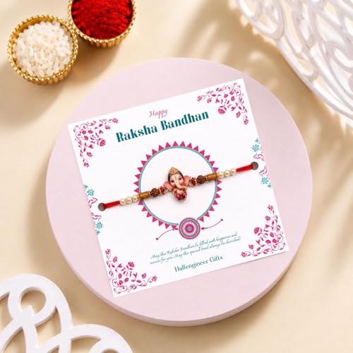Image of Personalized Name Glass Tumbler with Cute Ganesha Rakhi Gift Set for Raksha Bandhan | Custom Engraved Sipper Cup with Designer Rakhi, Roli Chawal Gift for Brother