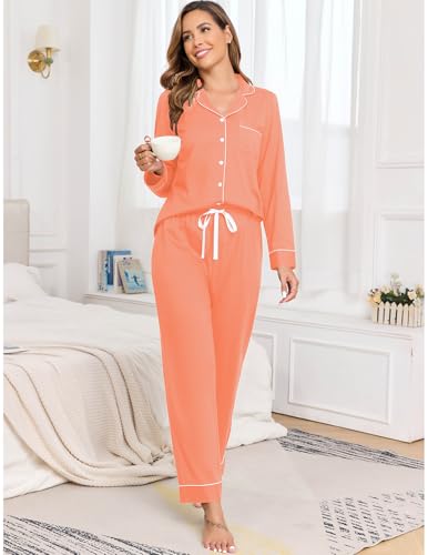 Image of Veseacky 100% Cotton Women's Pajama Set Long Sleeve Button Down Sleepwear Soft Pjs Lounge Sets Nightwear Pjs XS-XXL