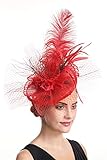 Fascinator-Hut, Feder-Mesh-Netz, Schleier, Partyhut, Ascot Hüte, Blume, Derbyhut mit Clip und Haarband für Damen (A10), Rot