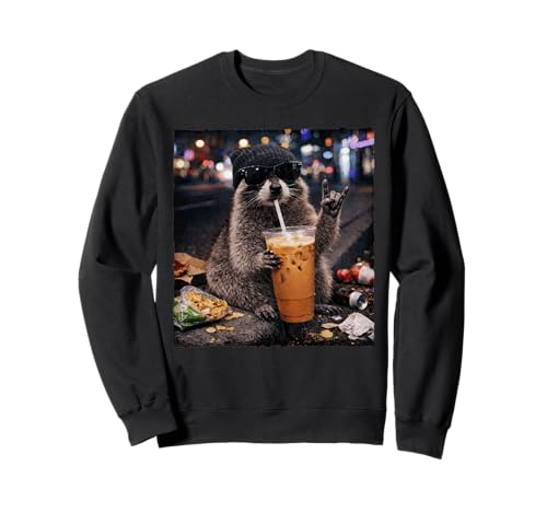 Racoon Drinking Iced Coffee Lover Rock Hand Sign Meme Funny Sweatshirt