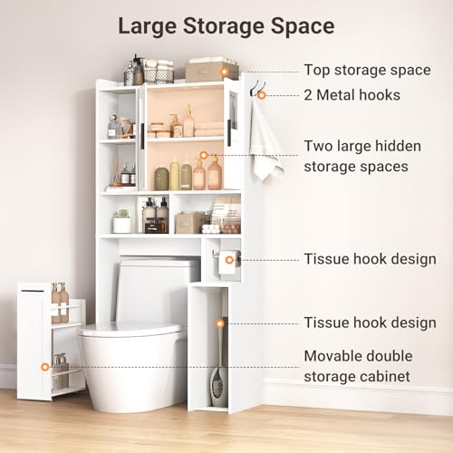 ELYKEN-Over-The-Toilet-Storage-Cabinet-with-Glass-Doors-Pulley-White-Pull-Out-Cabinet-Toilet-Paper-Holder-Side-Hooks-Adjustable-Shelf-Anti-Tipping-Space-Saving-Bathroom-Storage-Cabinet