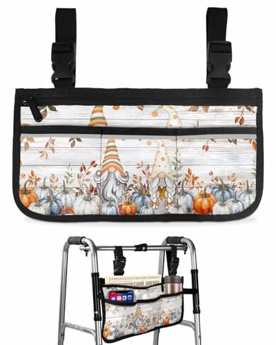 Anzona Fall Gnomes Wheelchair Side Bag Walker Bag, Autumn Pumpkin Eucalyptus Wooden Wheelchair Accessories Armrest Pouch, Organizer Storage Bag for Walkers, Rollators, Scooters, 7.3''x13''