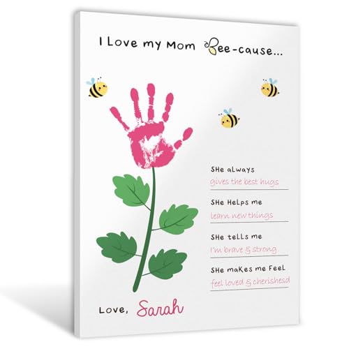 Mother's Day Handprint Craft - I Love My Mom Beecause Poster - DIY Mother's Day Gifts for Mom, Grandma, Daughter - Happy Mothers Day Gifts - DIY Poster for Wall Decor, Handprint Footprint Crafts