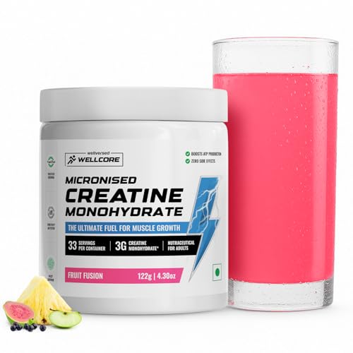 Wellcore Pure Micronised Creatine Powder (33 Servings, Fruit Fusion) For Enhanced Muscle Strength With Rapid Absorption | Creatine Monohydrate | Wellcore Creatine Flavoured - 122g