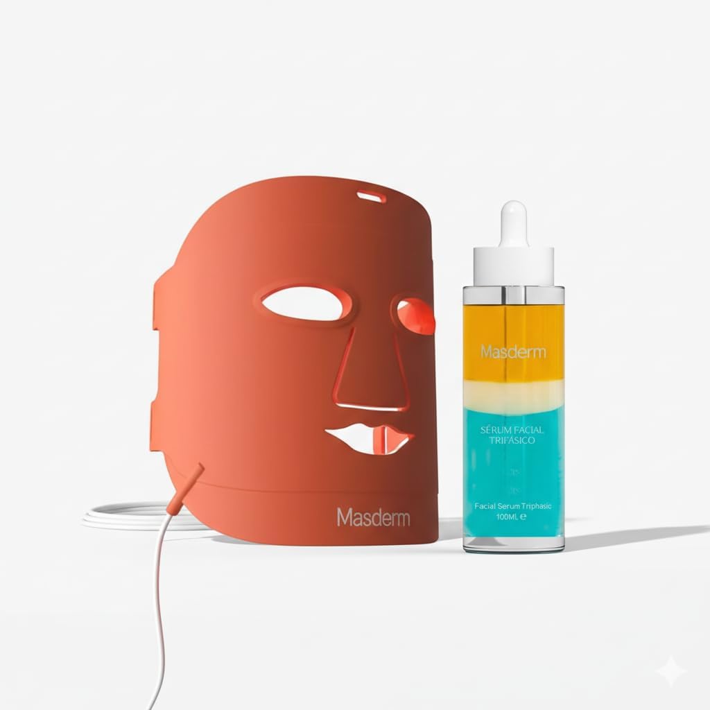 Tratamiento LED Facial Antimanchas y Antiedad MASDERM – Sérum Trifásico 100 ml con Vitamina C, E, Aloe Vera, Rosa Mosqueta y Argán + Máscara LED Profesional de Fototerapia para Rejuvenecimiento de Car
