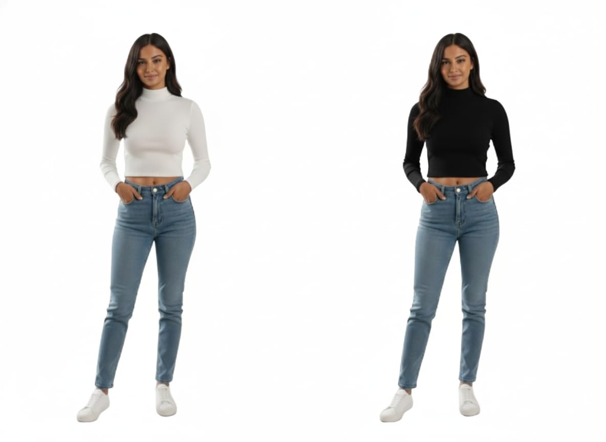Women's Mock Neck Crop Top, Long Sleeve Ribbed Knit Sweater in Black and White, Fitted Style-image-20