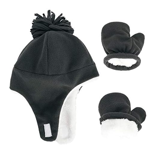 LACOFIA Baby pojkar flickor varm fleece mössa sherpa fodrade mössor småbarn vinter öronklaff pilothatt och vantar set, Mörkgrå, 0-18 Månader