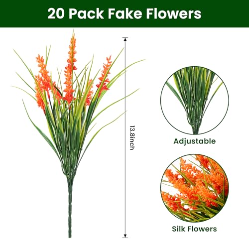 20 Bundles Artificial Plants Outdoor, UV Resistant Fake Flowers, Realistic Faux Lavender Shrubs for Porch Garden Window Box Home Decoration (Orange)