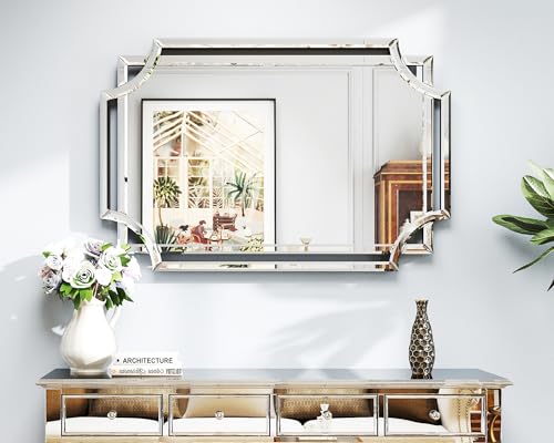 Chende Scalloped Large Wall Mirror, 28" x 40" Bathroom Mirror with Beveled Edge and Glass Pieces, Wall Decor for Living Room, Entryway, Fireplace, Dining Room, Hallway, Horizontal/Vertical Mirror