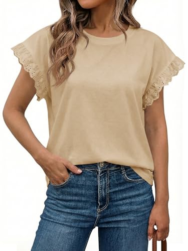 Image of Tankaneo Womens Summer Crewneck T-Shirts Lace Cap Sleeve Tops Dressy Casual Loose Fit Work Basic Tees Outfits 2026