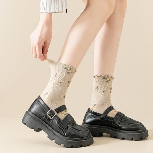 Image of Womens Ruffle Crew Socks Vintage Patterned Ankle Casual Fashion Dress Sock Cute Lettuce Floral Socks 5 /6 Pack