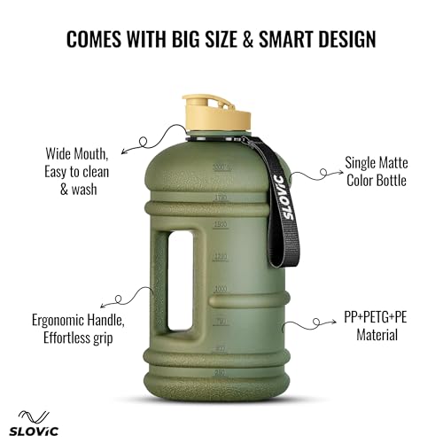 Image of SLOVIC Gallon Water Bottle 2 + Litre | Gym Motivational Sipper Water Bottle for Adults | 100% BPA Free & Leakproof | 2 Litre Sipper for Men & Women with Ergonomic Handle | Dark Green | 2200 ML